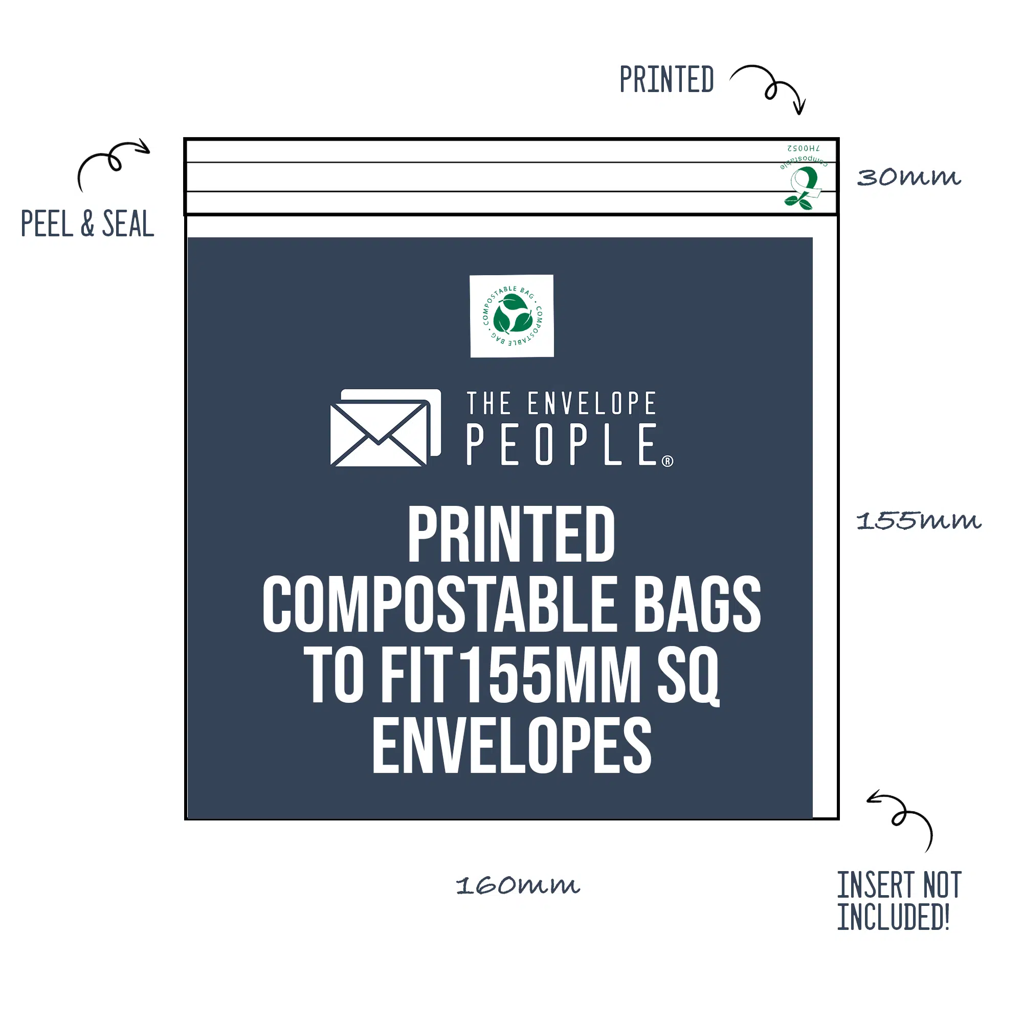 Printed - Compostable Cello Bags to Fit 155mm SQ Envelopes (Peel & Seal)