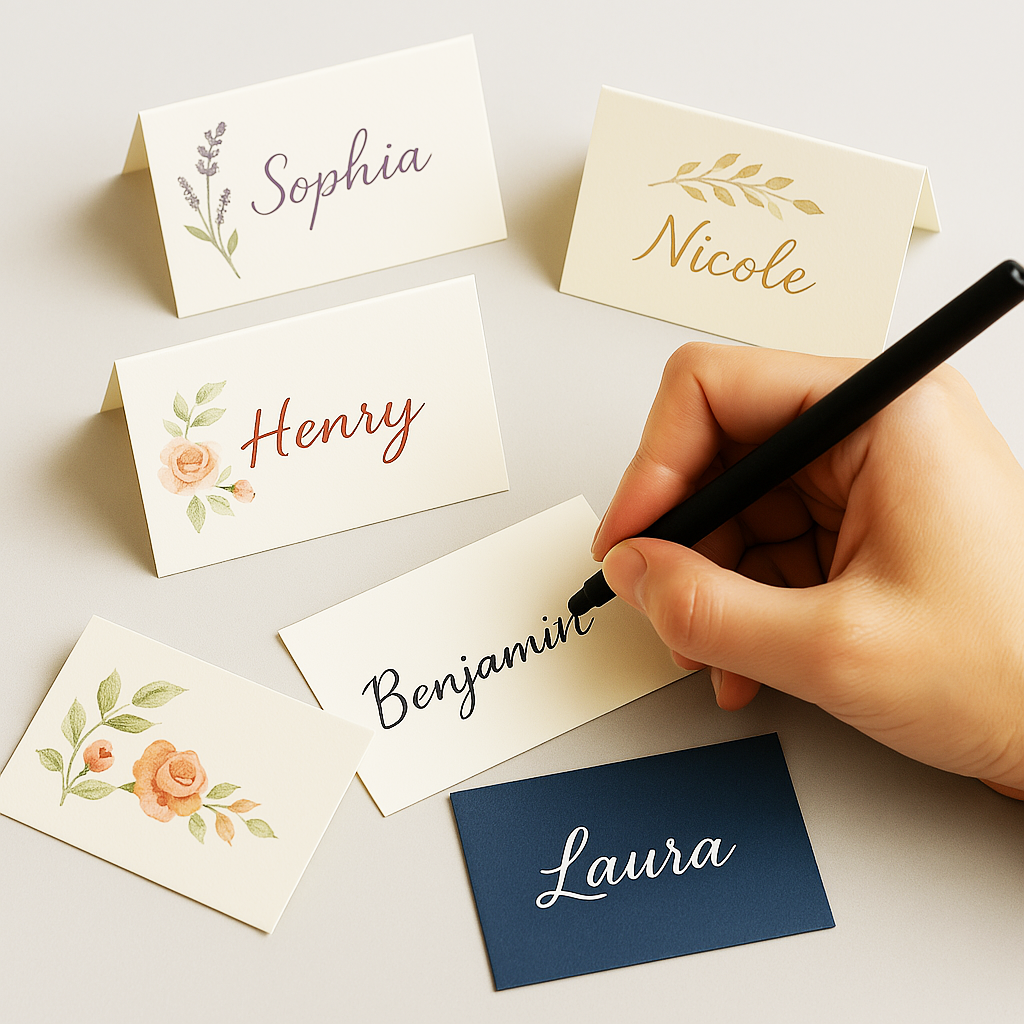 Folded Place Cards - Olin Colours Bright White 3 Handwriting Wedding Place Cards