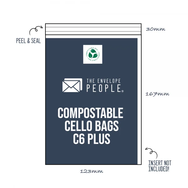 Compostable - C6 Plus Cello Bags Size: 123mm x 167mm (Peel & Seal)