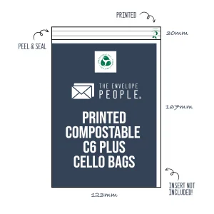 Printed - Compostable C6 Plus Cello Bags Size: 123mm x 167mm (Peel & Seal)