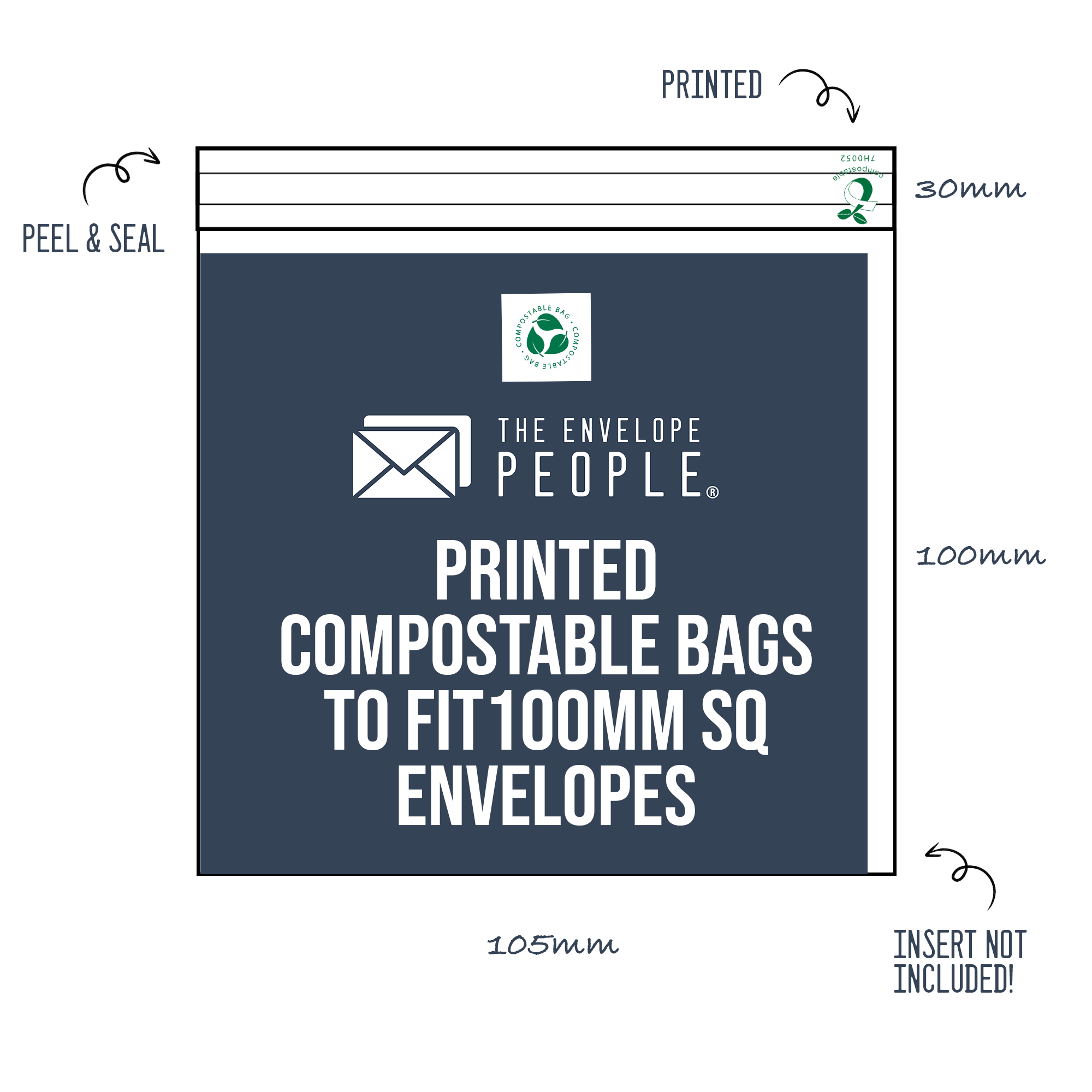 Printed - Compostable Cello Bags to Fit 100mm SQ Envelopes (Peel & Seal) 1 compostable-bags-to-fit-100mm-square-printed-logo