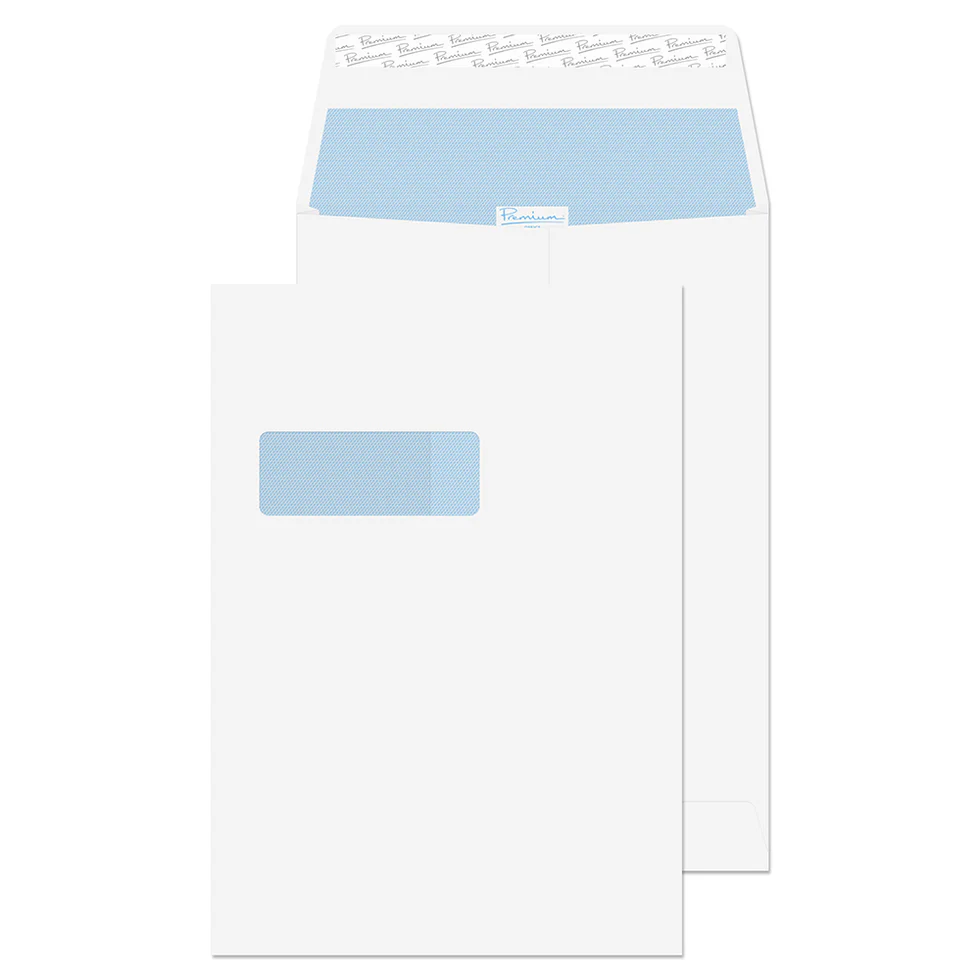 C4 Ultra White Premium Office Peel & Seal Blue Hatch Window Pocket Gusset Envelopes (140gsm) 1 37116_1_2