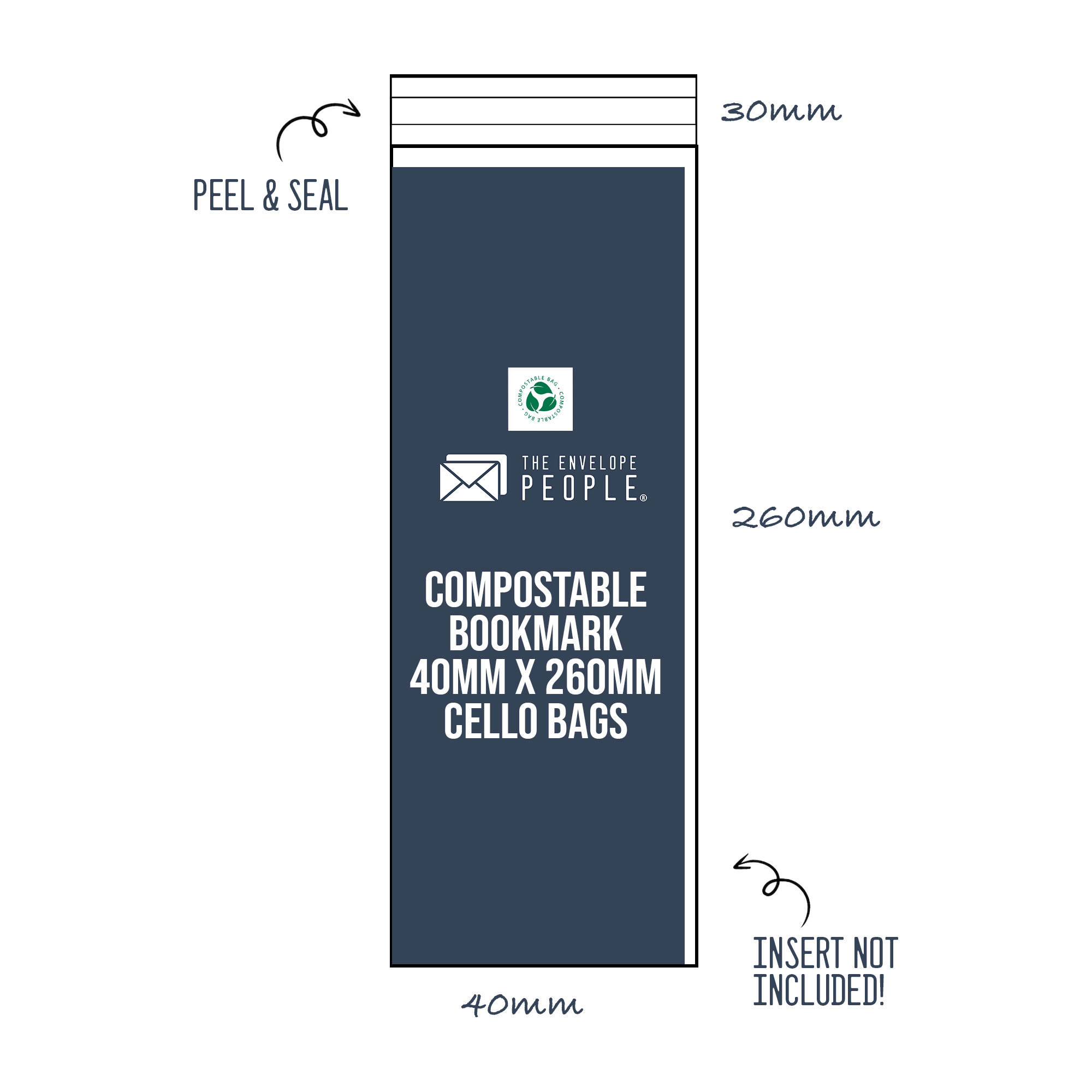 Compostable - Bookmark Cello Bag Size: 40mm x 260mm (Peel & Seal)