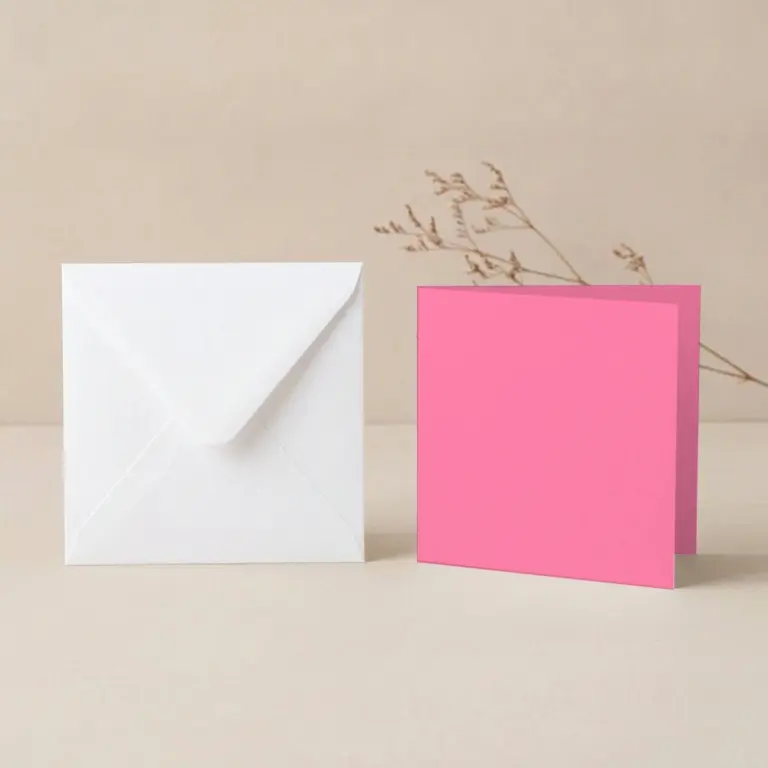 125mm Square Bubblegum Lessebo Card - 300gsm Card Blanks & 130mm SQ White Envelopes Pack