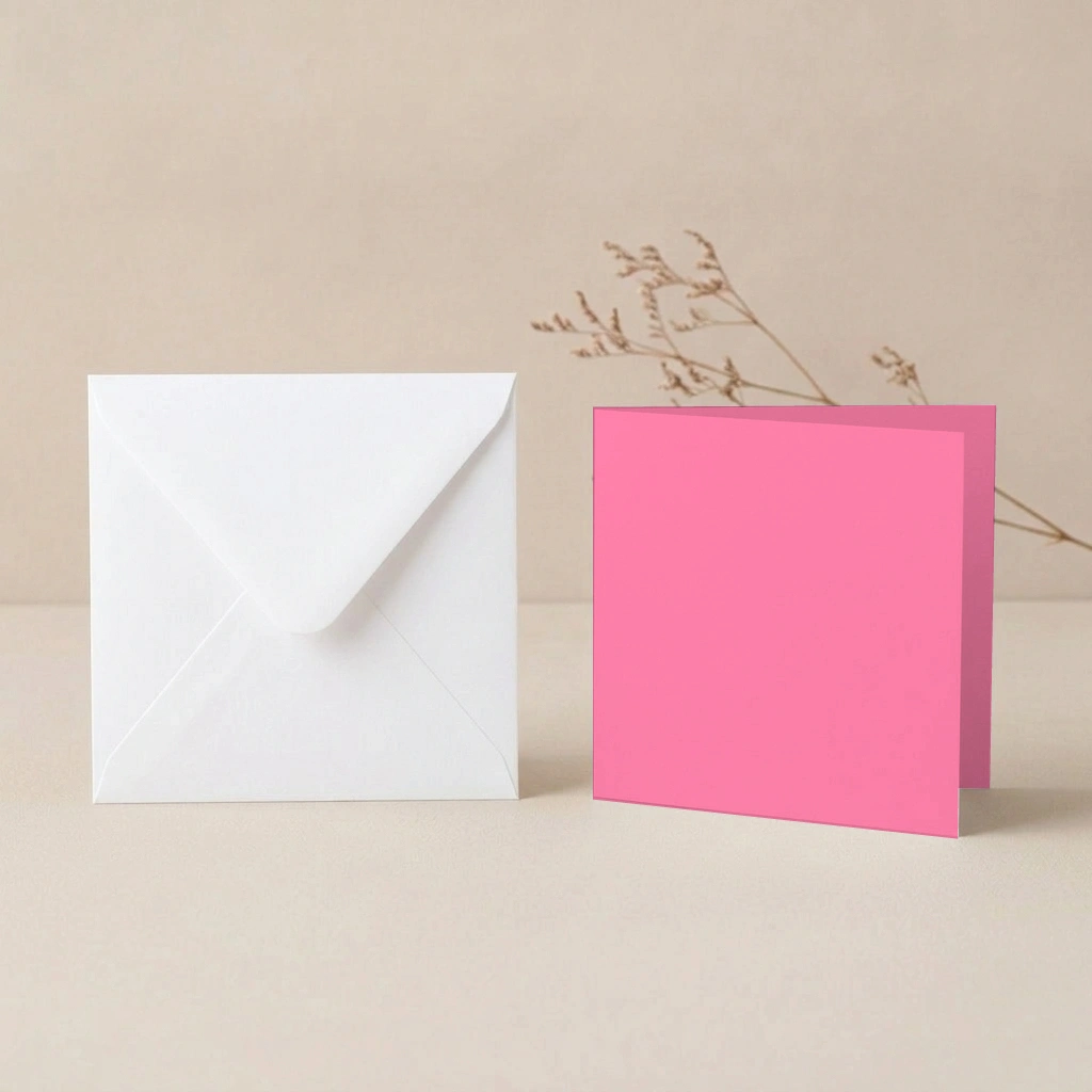 150mm Square Bubblegum Lessebo Card - 300gsm Card Blanks & 155mm Square White Envelopes Pack