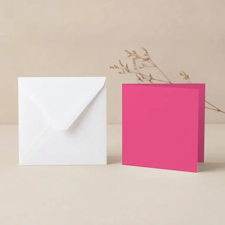125mm Square Fuchsia Lessebo 300gsm Card Blanks & 130mm SQ White Envelopes Pack