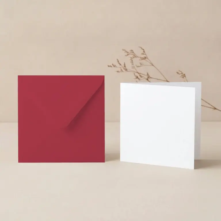 125mm Square Paperline PrePrint White Card Blanks & 130mm Square Crimson Red Envelopes Pack