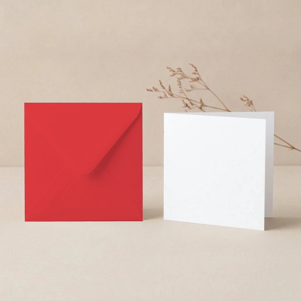 150mm Square Paperline PrePrint White Card Blanks & 155mm Square Poppy Red Envelopes Pack