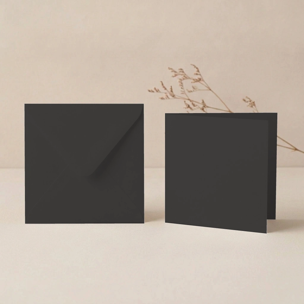 150mm Square Pitch Black Lessebo Card - 300gsm Card Blanks & 155mm Square Pitch Black Envelopes Pack