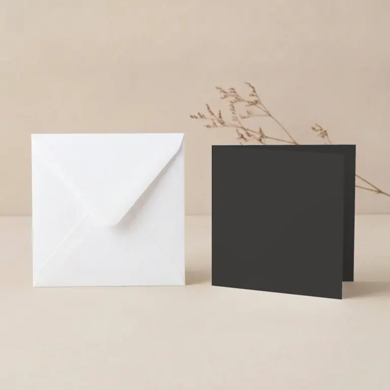 125mm Square Pitch Black Lessebo Card - 300gsm Card Blanks & 130mm SQ White Envelopes Pack