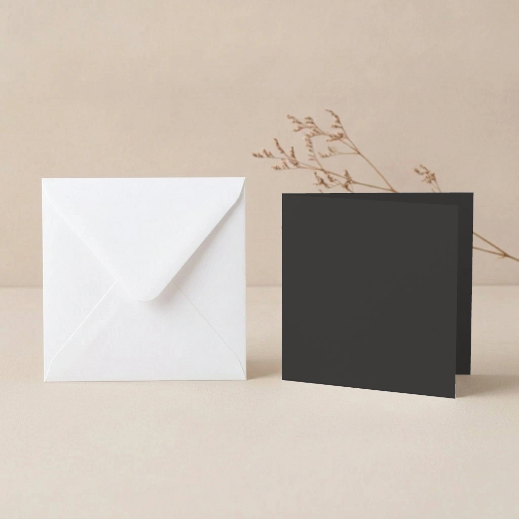 150mm Square Pitch Black Lessebo Card - 300gsm Card Blanks & 155mm Square White Envelopes Pack