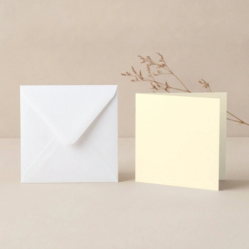 150mm Square Vanilla Lessebo Card - 300gsm Card Blanks & 155mm Square White Envelopes Pack